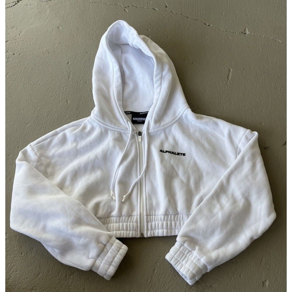 ALPHALETE Classic Capital Crop Hoodie Full Zip Womens White Size Small